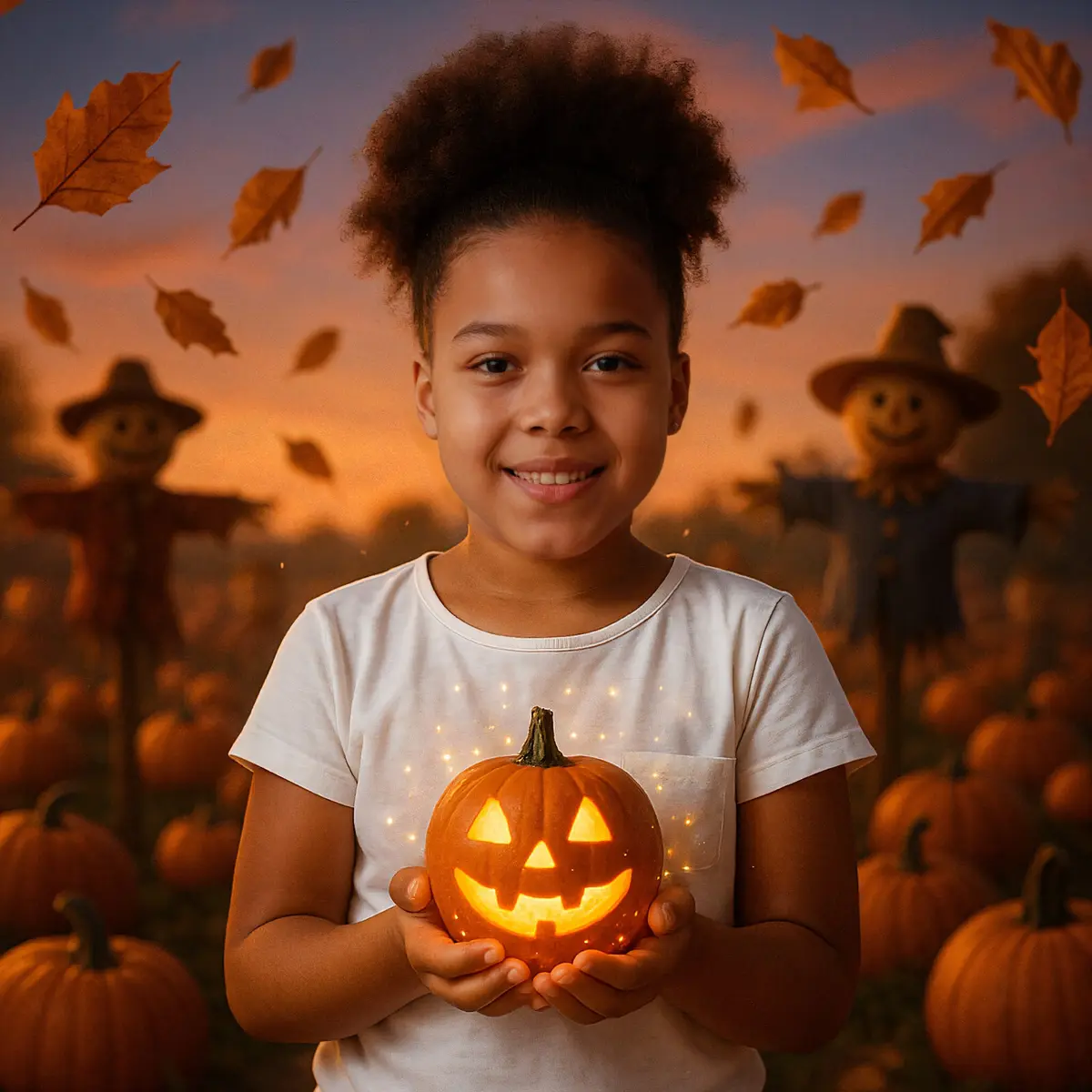 Kids Halloween AI pumpkin patch portrait